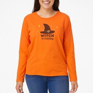 Womens orange long sleeve witch in training pullover top size XL